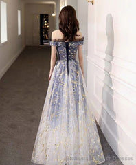 Blue Tulle Off Shoulder Lace Long Prom Dress Tulle Formal Dress