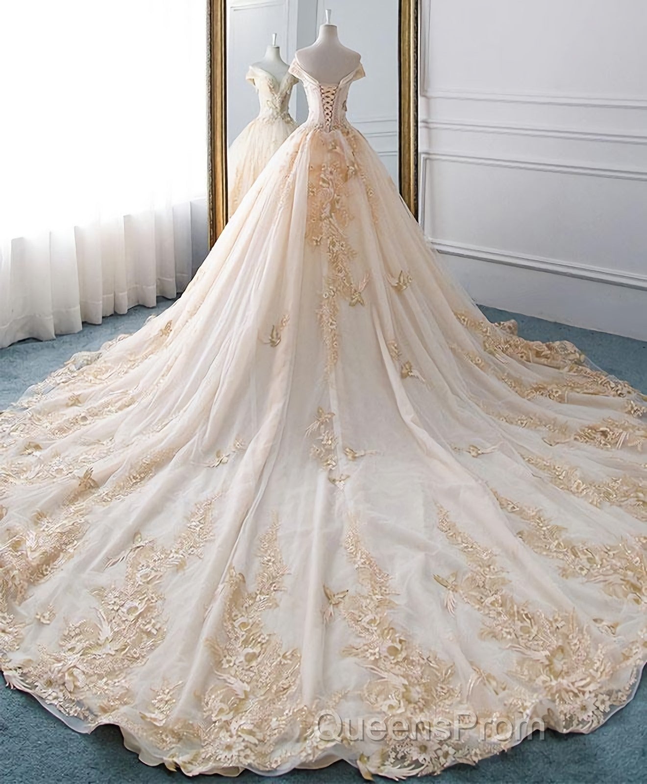 Unique Champagne Tulle Lace Long Wedding Dress, Bridal Gown Secondary image