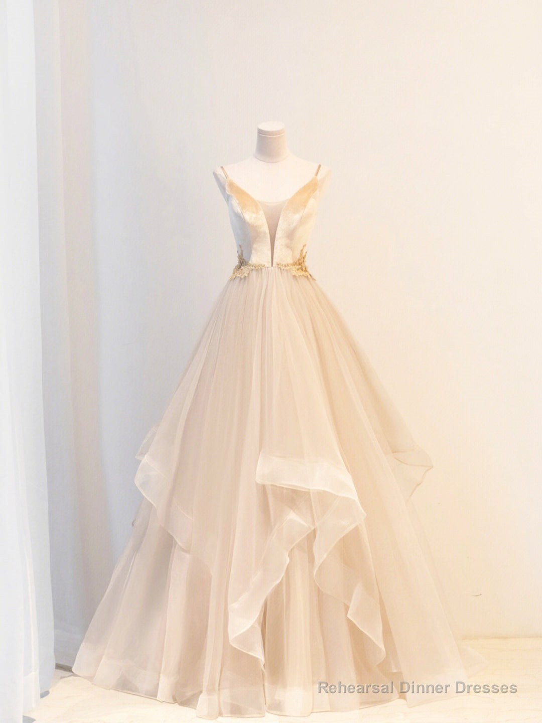 Champagne Velvet and Tulle Long Prom Dress, V-Neck Spaghetti Strap Evening Dress