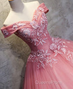 Pink Tulle Lace Off Shoulder Long Evening Prom Dress, Pink Tulle Evening Dress, 1