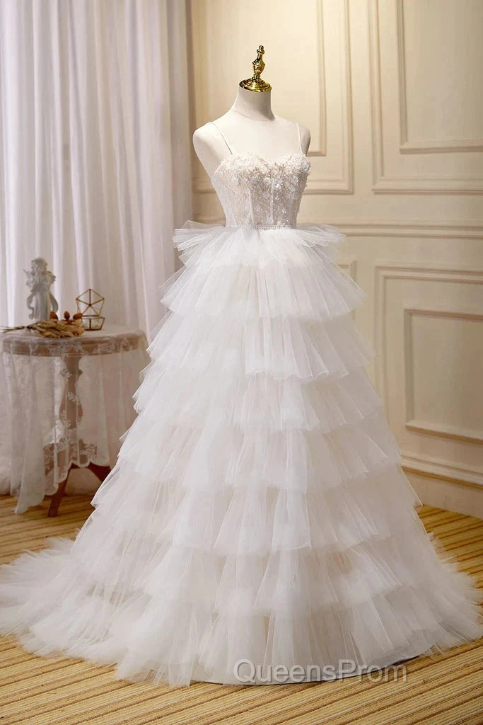 3D Flowers Spaghetti Straps Beading Ivory Tulle Wedding Dress Secondary image