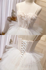 3D Flowers Spaghetti Straps Beading Ivory Tulle Wedding Dress