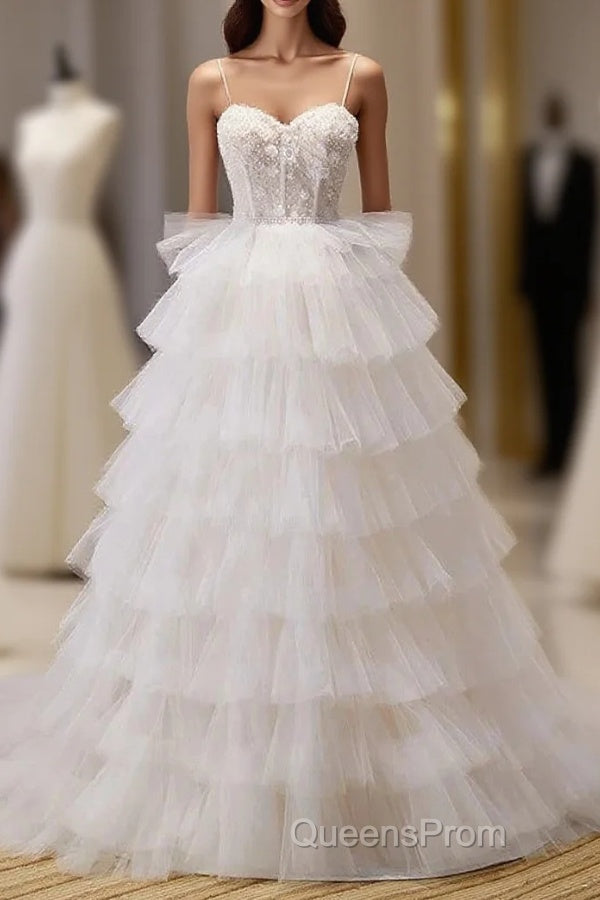 3D Flowers Spaghetti Straps Beading Ivory Tulle Wedding Dress