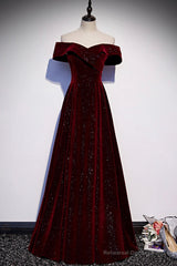 Burgundy Velvet Long Prom Dresses, Off the Shoulder Evening Dresses