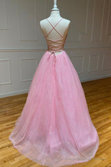Pink V-Neck Tulle Long Prom Dresses, A-Line Backless Evening Dresses