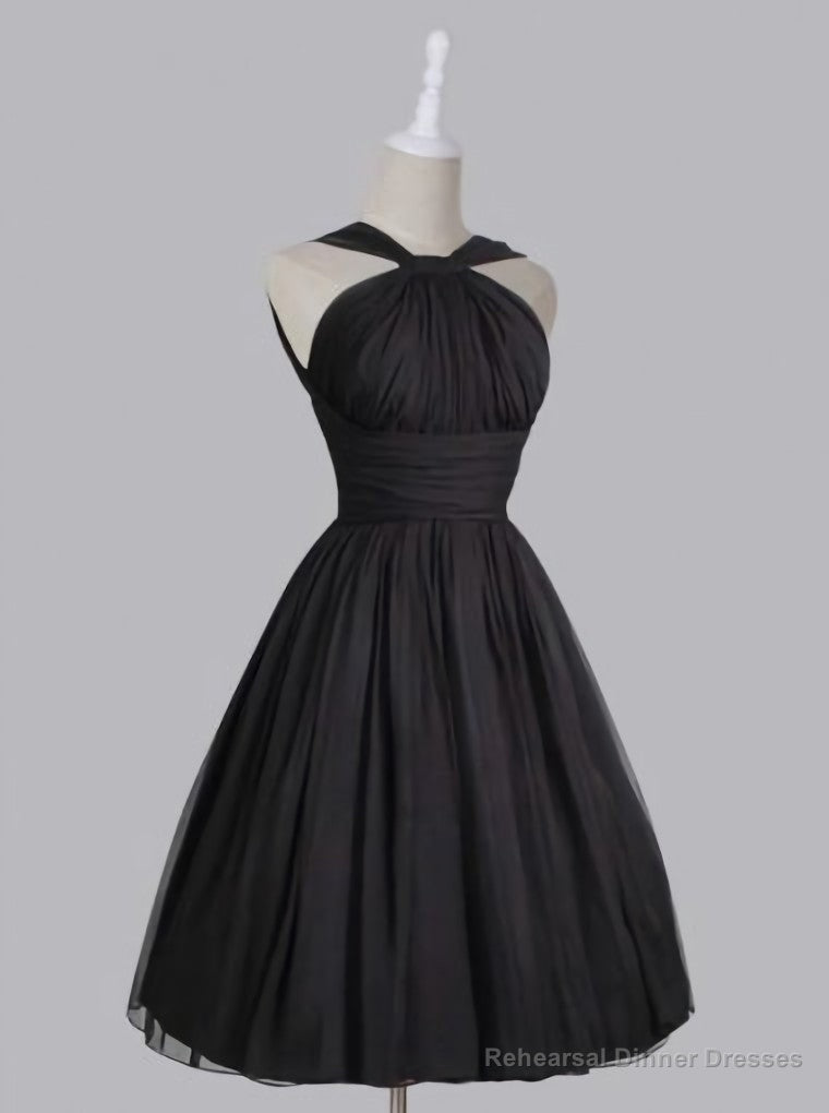 Vintage A Line Straps Knee Length Chiffon Sash Backless Black Party Homecoming Dresses Secondary image