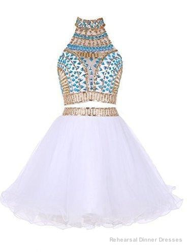Two Piece High Neck White Tulle Short Homecoming Dress 2025 with Beading Rhinestone Main image