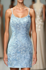 Light Blue Tight Hoco Dress with Appliques