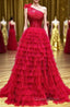 Red One Shoulder Corset Tiered Long Evening Prom Dress with Ruffles