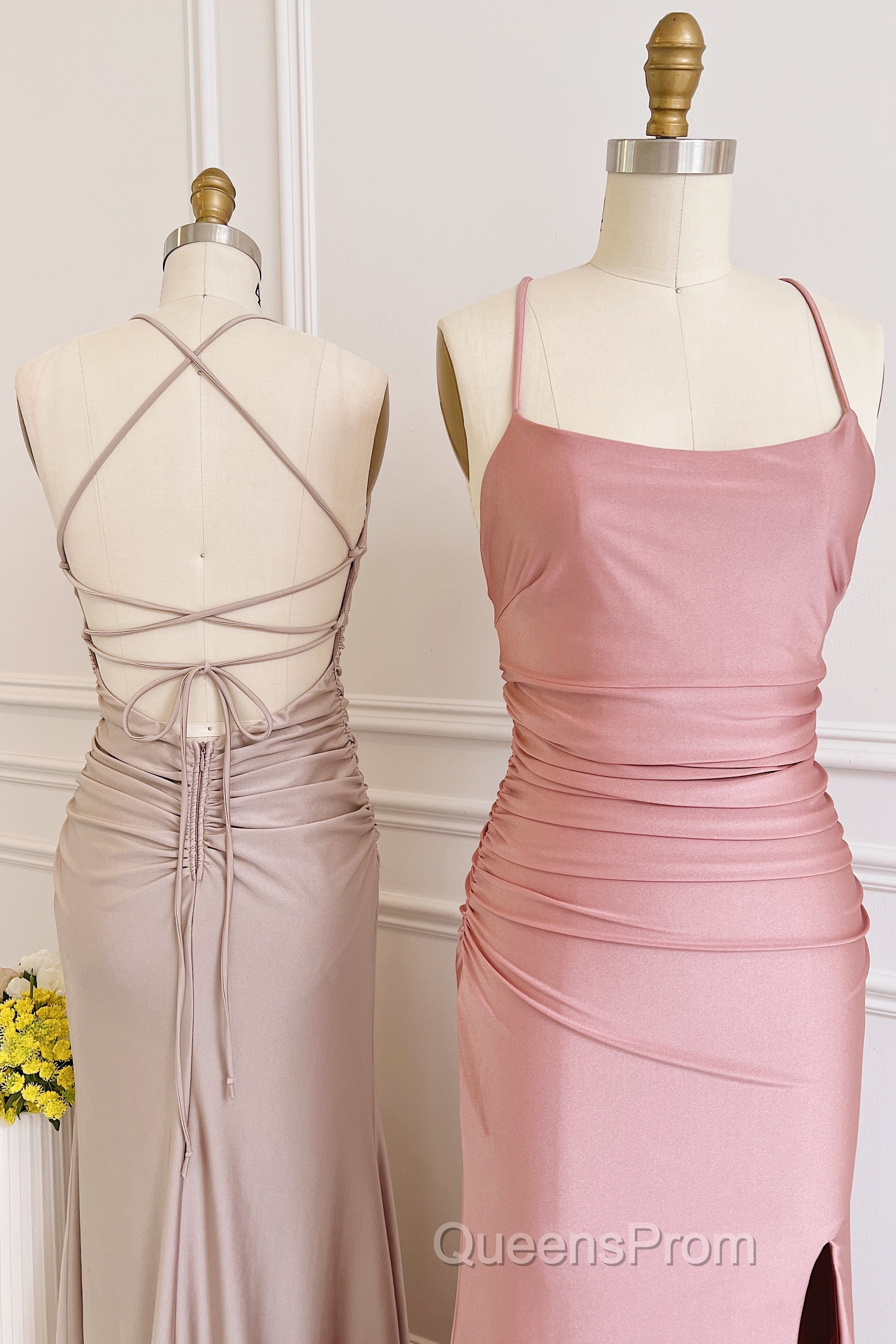 Dusty Pink Satin Lace-Up Sheath Long Bridesmaid Dress with Slit Secondary image