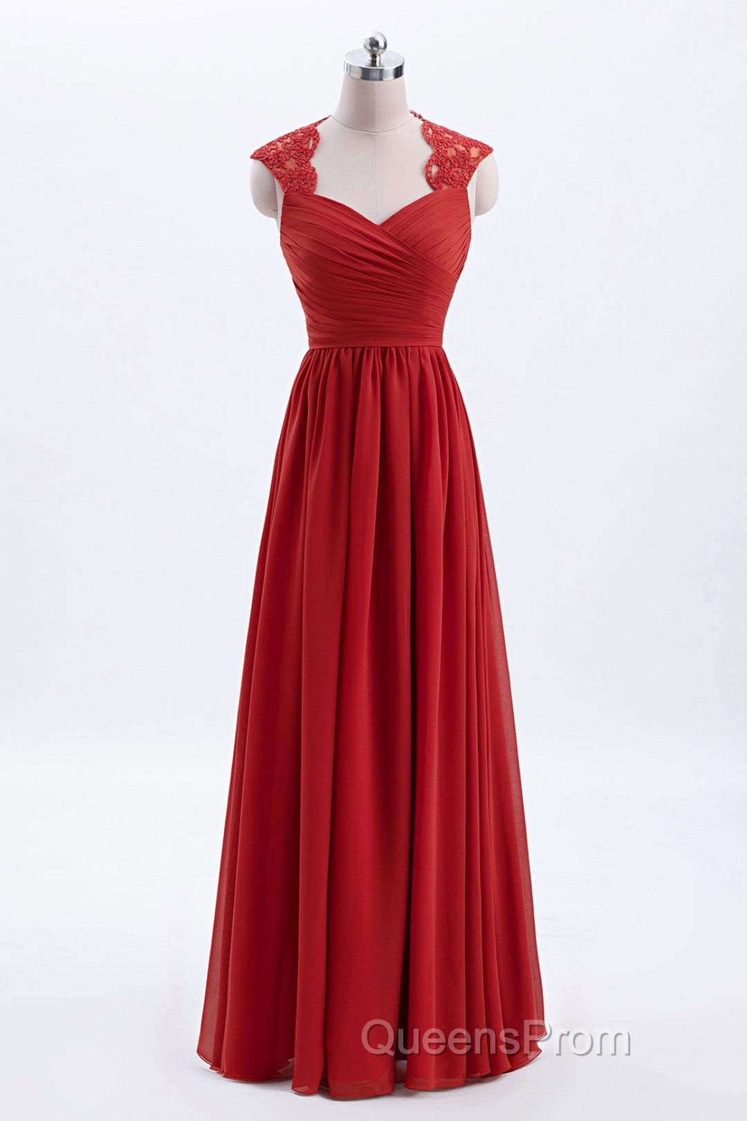 Elegant Red Chiffon Pleated A-line Long Bridesmaid Dress