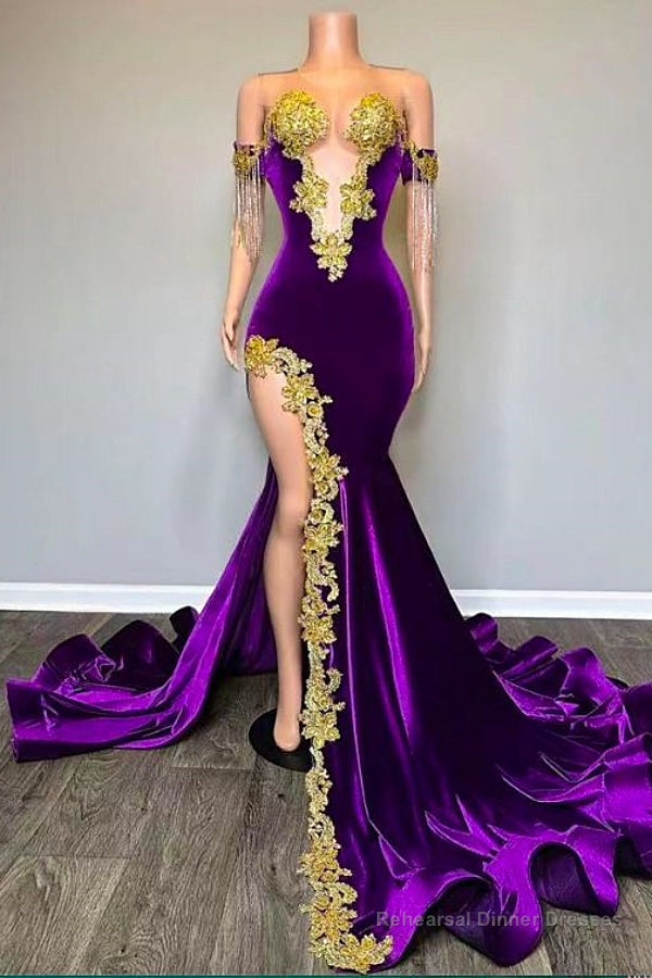 Off the shoulder V-neck Gold Appliques Mermaid Velvert Prom Dresses Main image