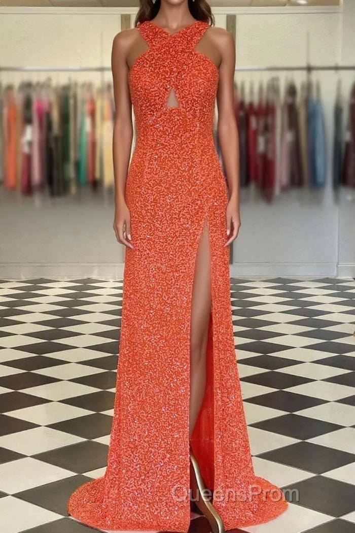 Fitted Criss Coss Neck Orange Evening Prom Dress with Slit