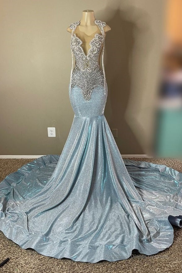 Sliver Beaded Open Back Sequin Mermaid Floor length Prom Dresses Main image