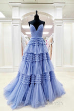 Elegant Light Blue Side Slit Tulle Long Evening Prom Dress
