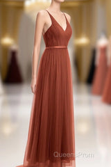 Rust Orange V-Neck Backless A-Line Long Bridesmaid Dress