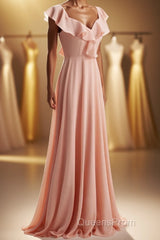 Peach Ruffles A-lline Chiffon Long Bridesmaid Dress with Tie Back