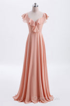 Peach Ruffles A-lline Chiffon Long Bridesmaid Dress with Tie Back