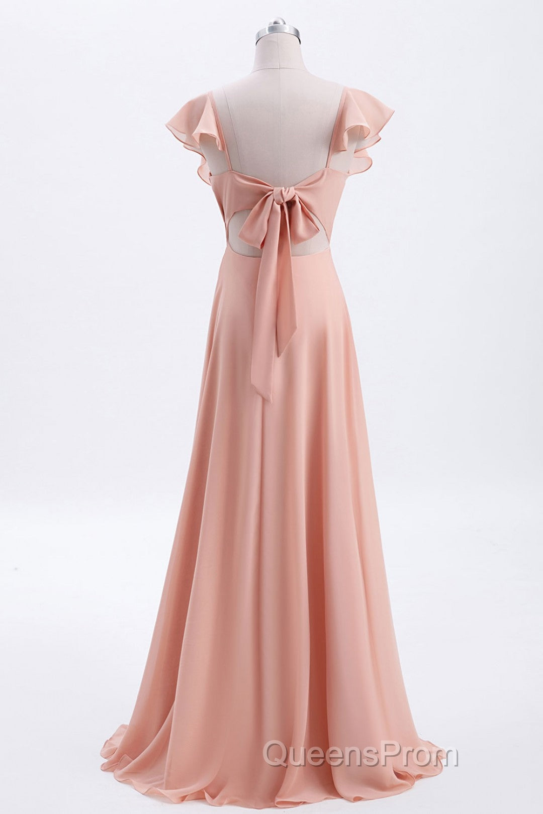 Peach Ruffles A-lline Chiffon Long Bridesmaid Dress with Tie Back