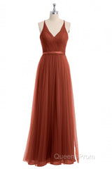 Rust Orange V-Neck Backless A-Line Long Bridesmaid Dress
