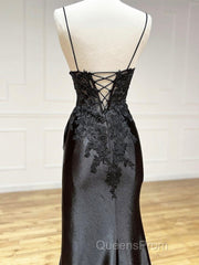 Dark Blue V Neck Satin Lace Long Evening Prom Dress, Dark Blue Lace Long Evening Dress