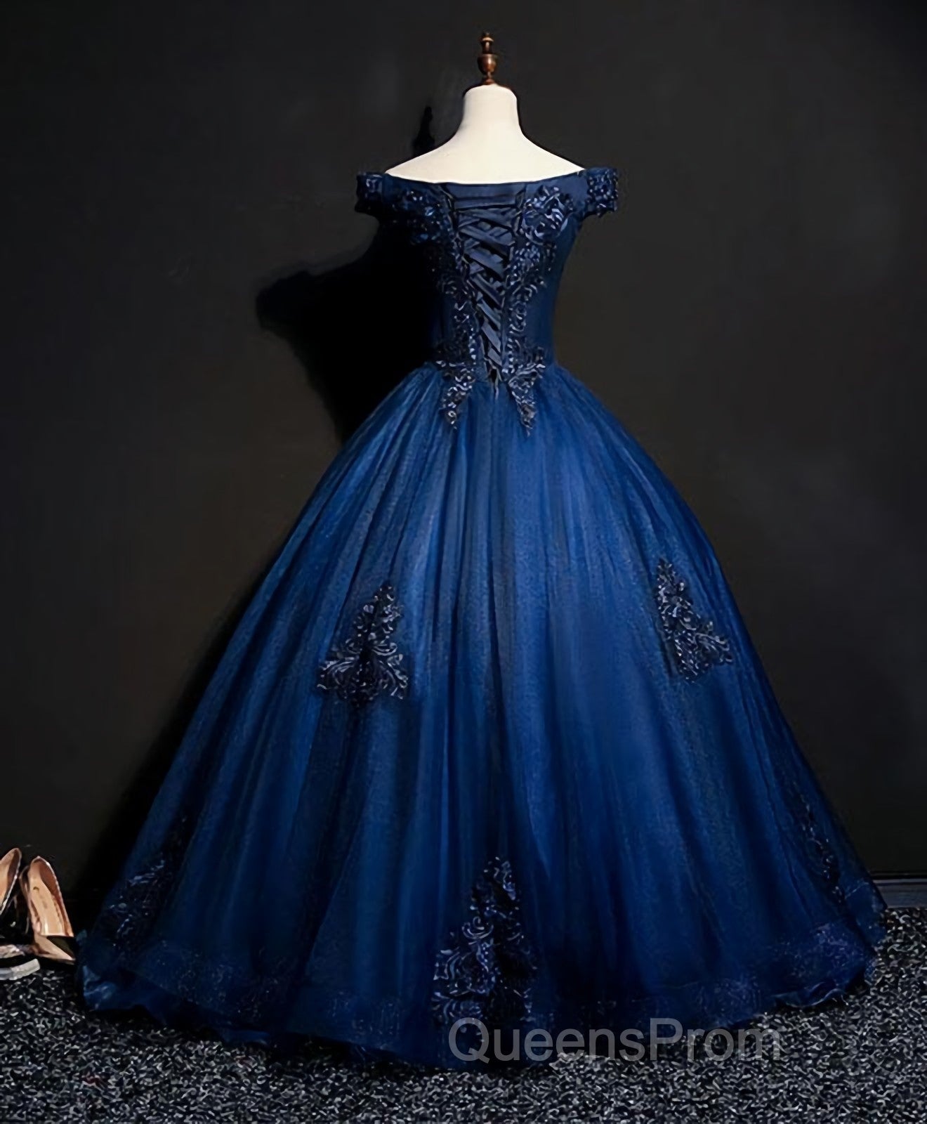 Blue Tulle Lace Off Shoulder Long Evening Prom Dress, Blue Tulle Lace Evening Dress