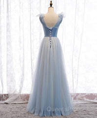 Simple Blue V Neck Tulle Long Evening Prom Dress, Blue Formal Dress