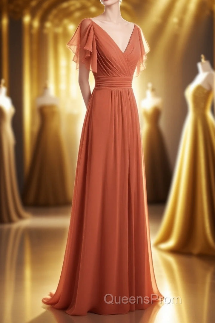 Rust Orange Cold-Shoulder A-Line Long Bridesmaid Dress Main image