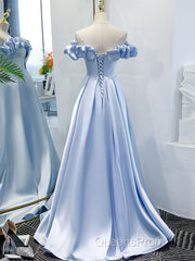 Blue A Line Off Shoulder Long Evening Prom Dress, Blue Evening Dress