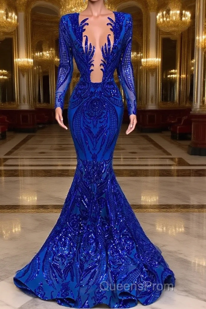 Hot Sparkle Royal Blue Sequin Long sleeves Mermaid Evening Prom Dress Main image