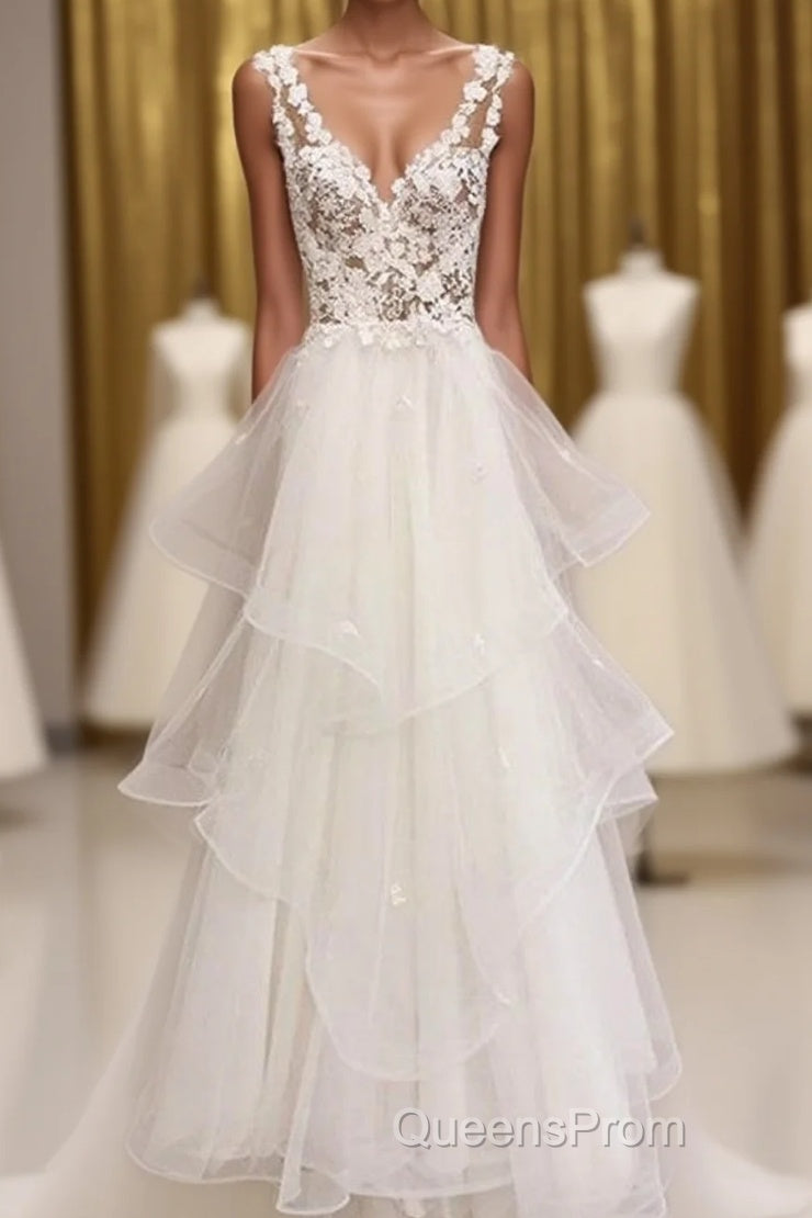 Charming Tulle Appliques V Neck Lace Wedding Dress with Ruffles Main image