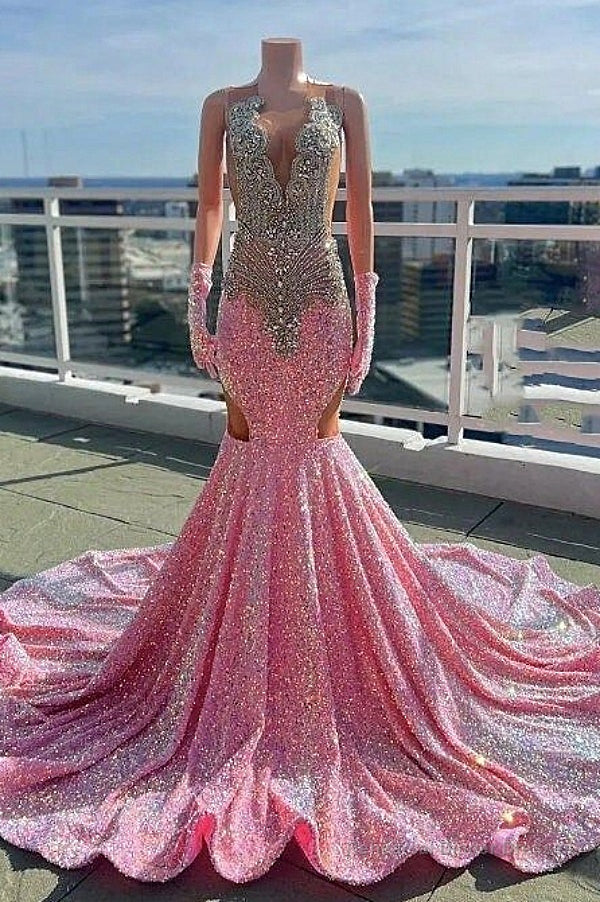 V-neck Silver Beaded Pink Long Prom Dresses with Cutout Main image