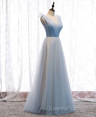 Simple Blue V Neck Tulle Long Evening Prom Dress, Blue Formal Dress