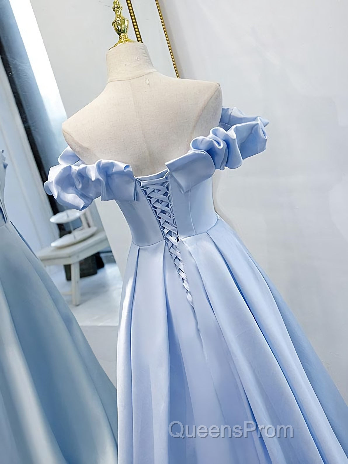 Blue A Line Off Shoulder Long Evening Prom Dress, Blue Evening Dress