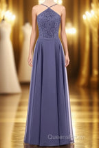 Navy Blue Chiffon Halter Backless A-Line Long Bridesmaid Dress