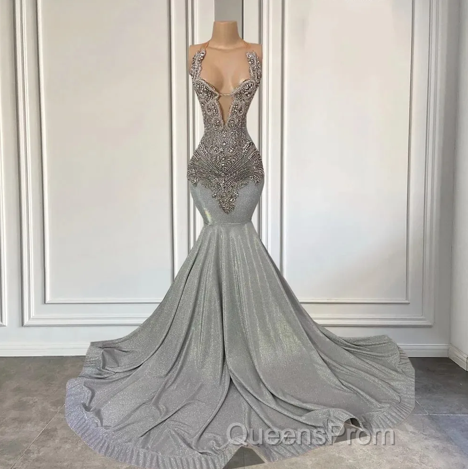 Silver Halter Mermaid Evening Prom Dress with Beadings Secondary image
