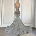 Silver Halter Mermaid Evening Prom Dress with Beadings