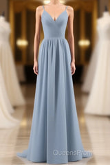 Dusty Blue Chiffon Cutout Back A-Line Long Bridesmaid Dress