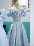 Blue A Line Off Shoulder Long Evening Prom Dress, Blue Evening Dress