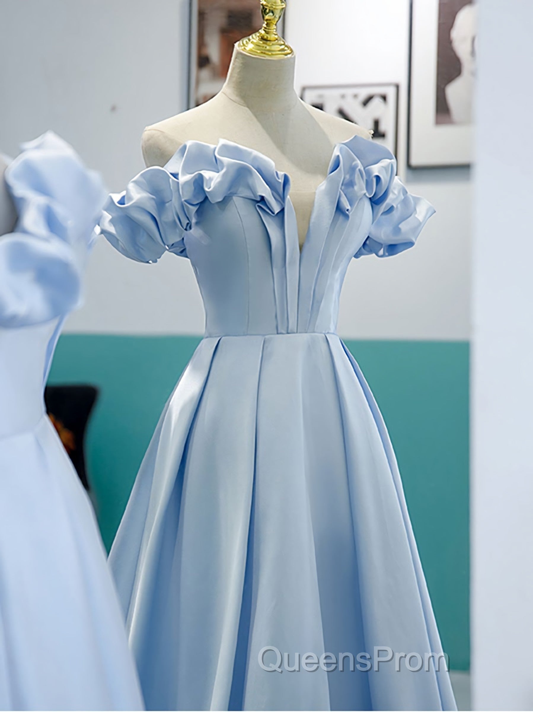 Blue A Line Off Shoulder Long Evening Prom Dress, Blue Evening Dress