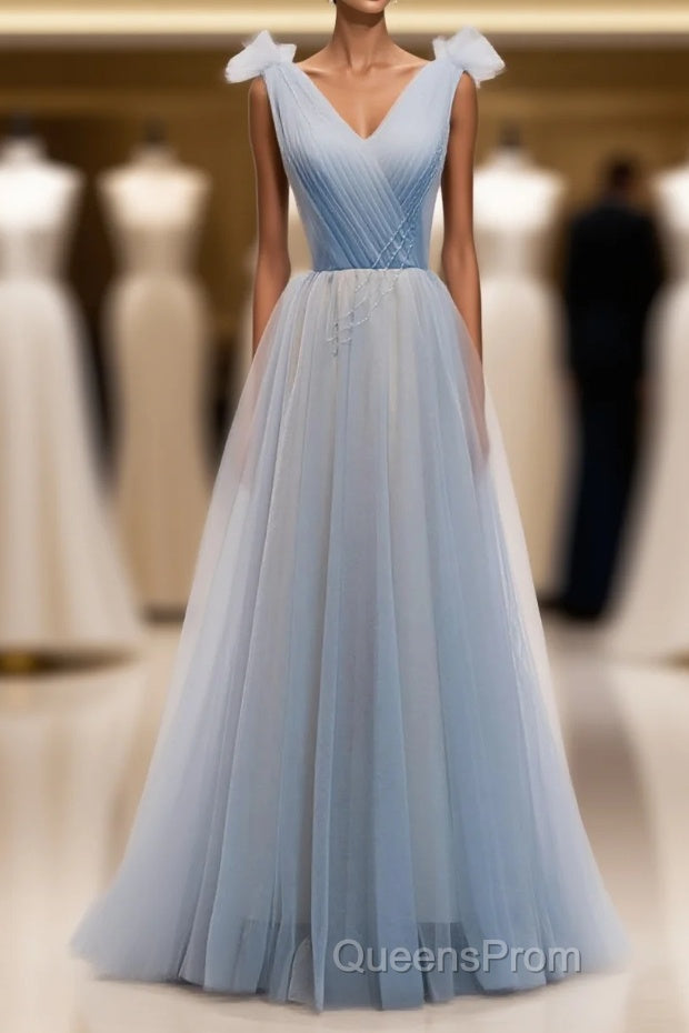 Simple Blue V Neck Tulle Long Evening Prom Dress, Blue Formal Dress