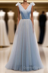 Simple Blue V Neck Tulle Long Evening Prom Dress, Blue Formal Dress