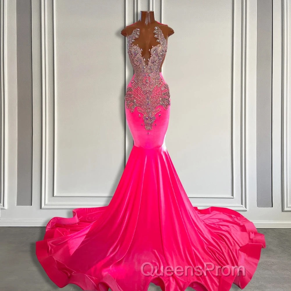 Sleeveless Velvet Mermaid Style Dress with Beadings in Pink Barbie Color Secondary image