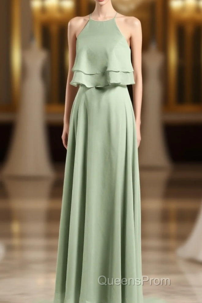 Sage Green Chiffon Halter Ruffle A-Line Long Bridesmaid Dress Main image