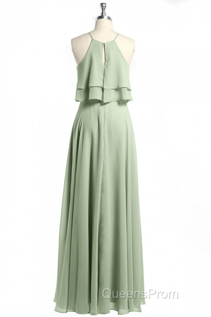 Sage Green Chiffon Halter Ruffle A-Line Long Bridesmaid Dress Secondary image