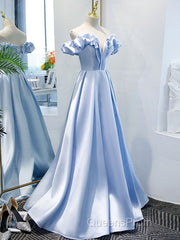 Blue A Line Off Shoulder Long Evening Prom Dress, Blue Evening Dress