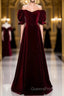 Modest Burgundy Long Evening Prom Dress with Short Sleeves Vintage Evening Gown