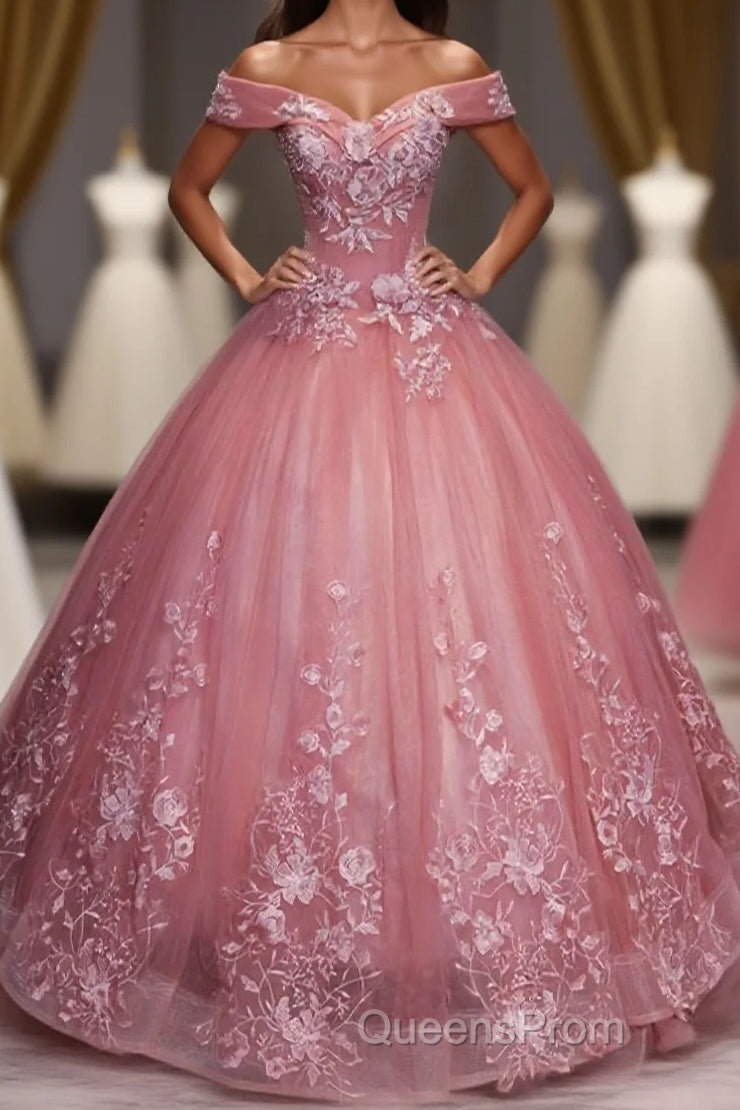 Pink Tulle Lace Off Shoulder Long Evening Prom Dress, Pink Tulle Evening Dress, 1 Main image