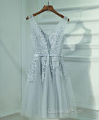 Gray A Line Lace Tulle Short Evening Prom Dress, Homecoming Dress