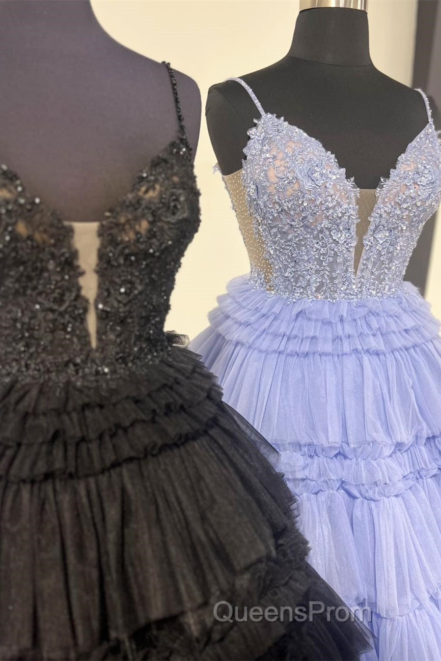 Lilac Floral Layers Spaghetti Straps Lonh Evening Prom Dress